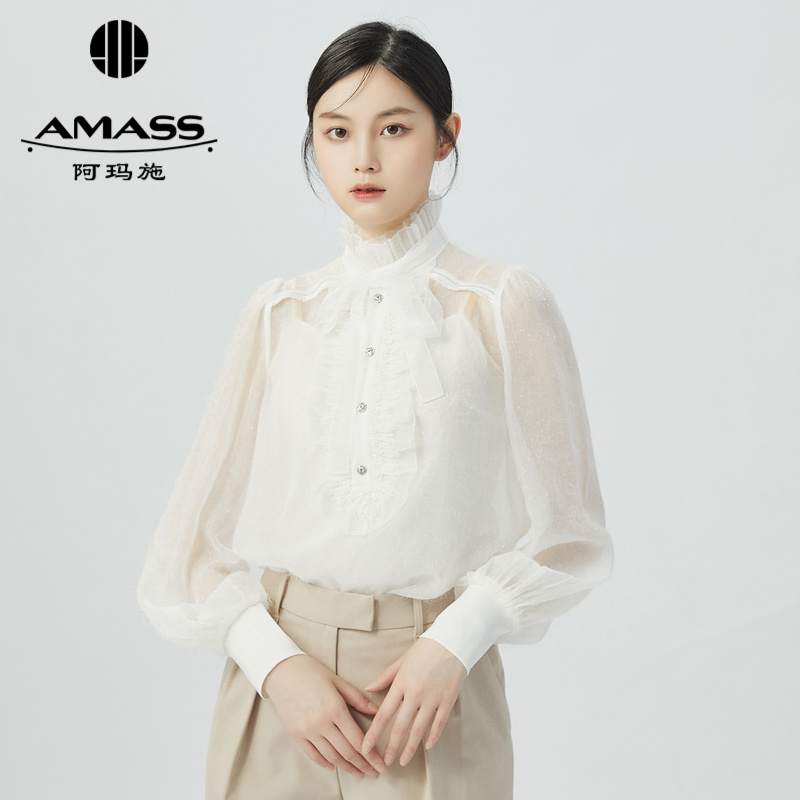 阿玛施AMASS新款女装高级款精致透视复古宫廷风纯色衬衫6300033