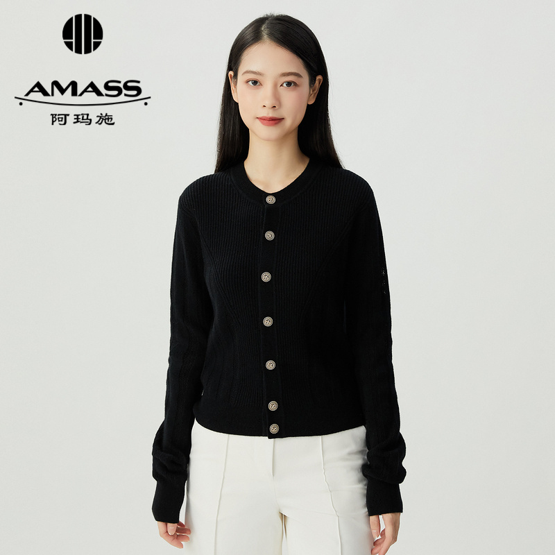 阿玛施AMASS新款女装山羊绒简约竖坑条圆领纯色针织开衫5499241