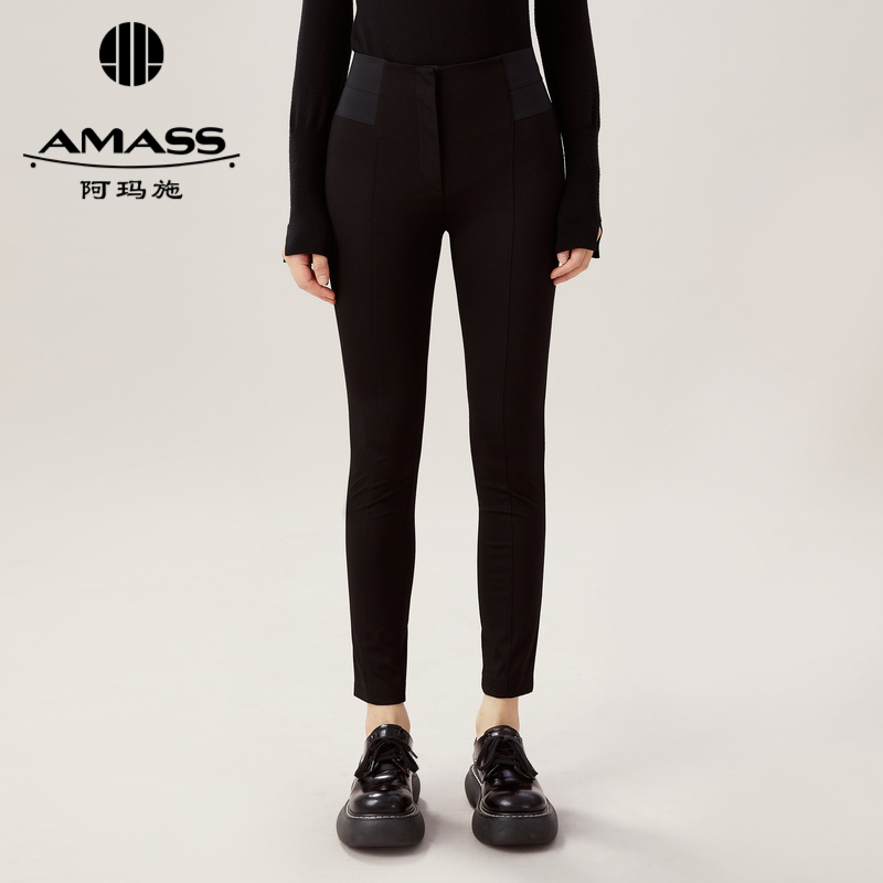 阿玛施AMASS新款女装质感修身通勤高腰加绒小黑裤外穿长裤5100295