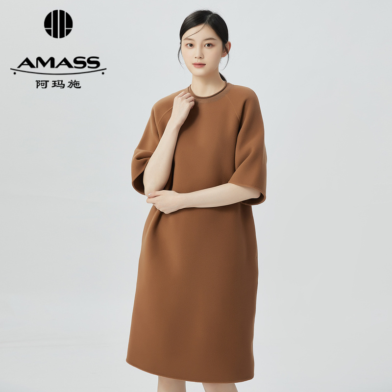 阿玛施AMASS新款绵羊毛混丝老钱风圆领宽松纯色连衣裙中裙5500520
