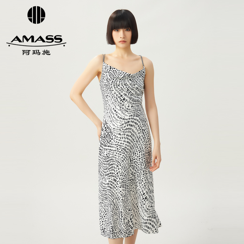 阿玛施AMASS新款女装性质感感豹纹吊带修身长款鱼尾连衣裙5500456