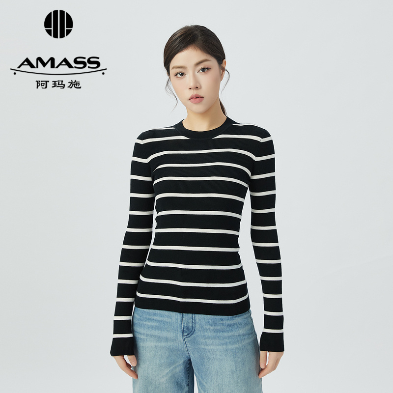 阿玛施AMASS新款女装绵羊毛圆领基础百搭条纹长袖针织衫女5399639