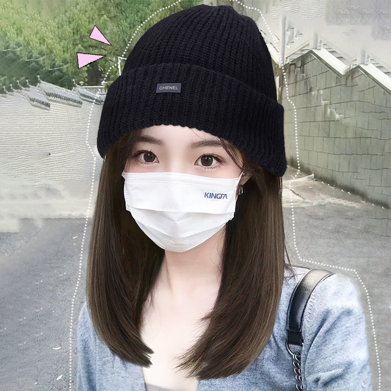 帽子假发一体时尚2023女款秋冬新款百搭针织帽真发全真人发全头套