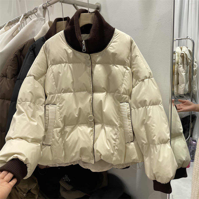 欧洲站针织翻领假两件羽绒服女2023年冬季新款抽绳羽绒衣外套A