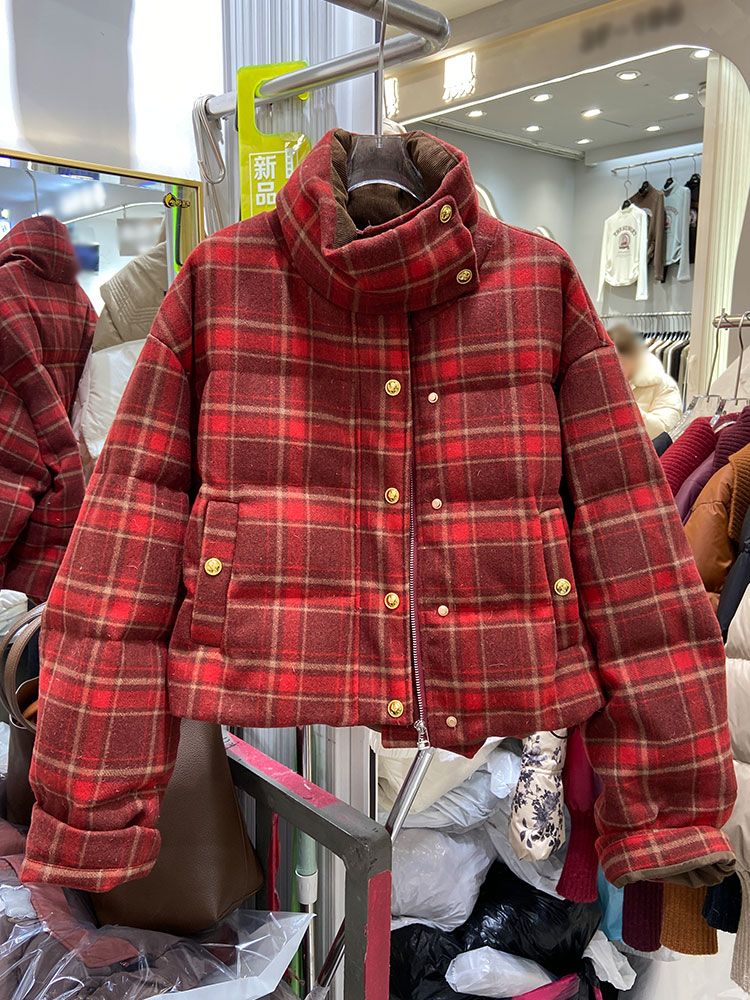 羽绒服小香风复古圣诞红格子服女冬季短款韩系立领白鸭绒面包服外
