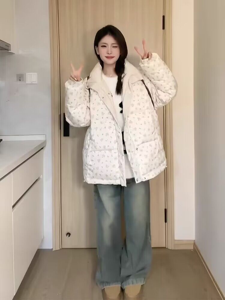 羽绒服冬季韩系穿搭小碎花双面穿服女2023新款小众保暖潮牌厚外套