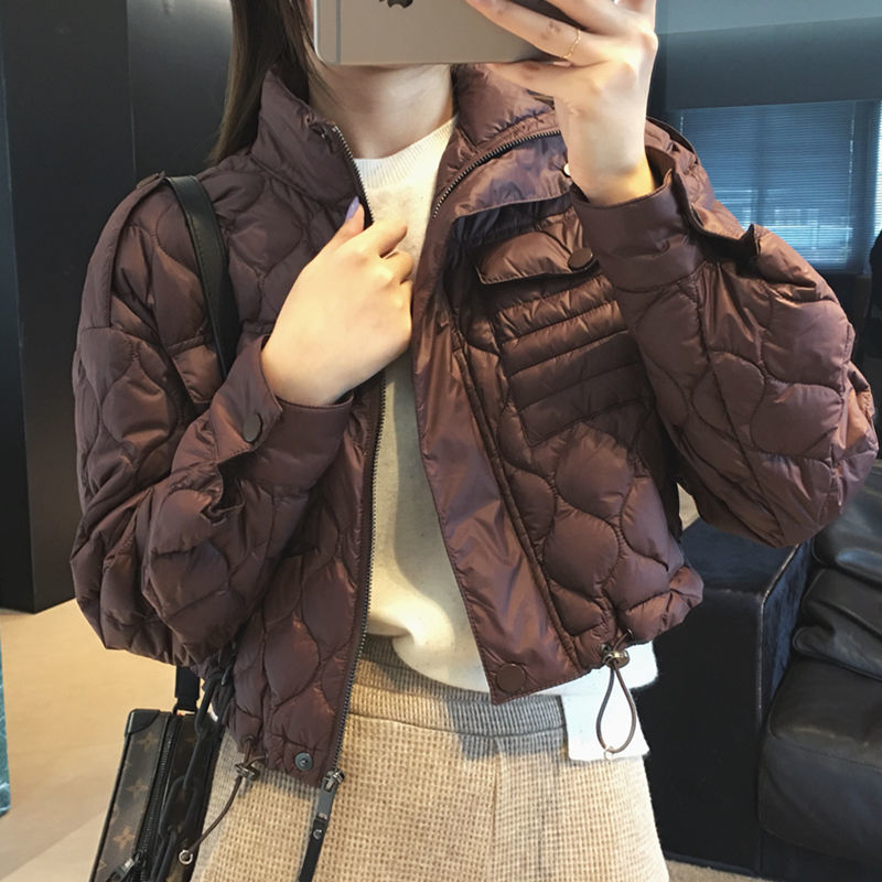 2023秋冬新款小立领波浪纹衍缝小短款棉服女百搭显瘦棉衣棉袄外套