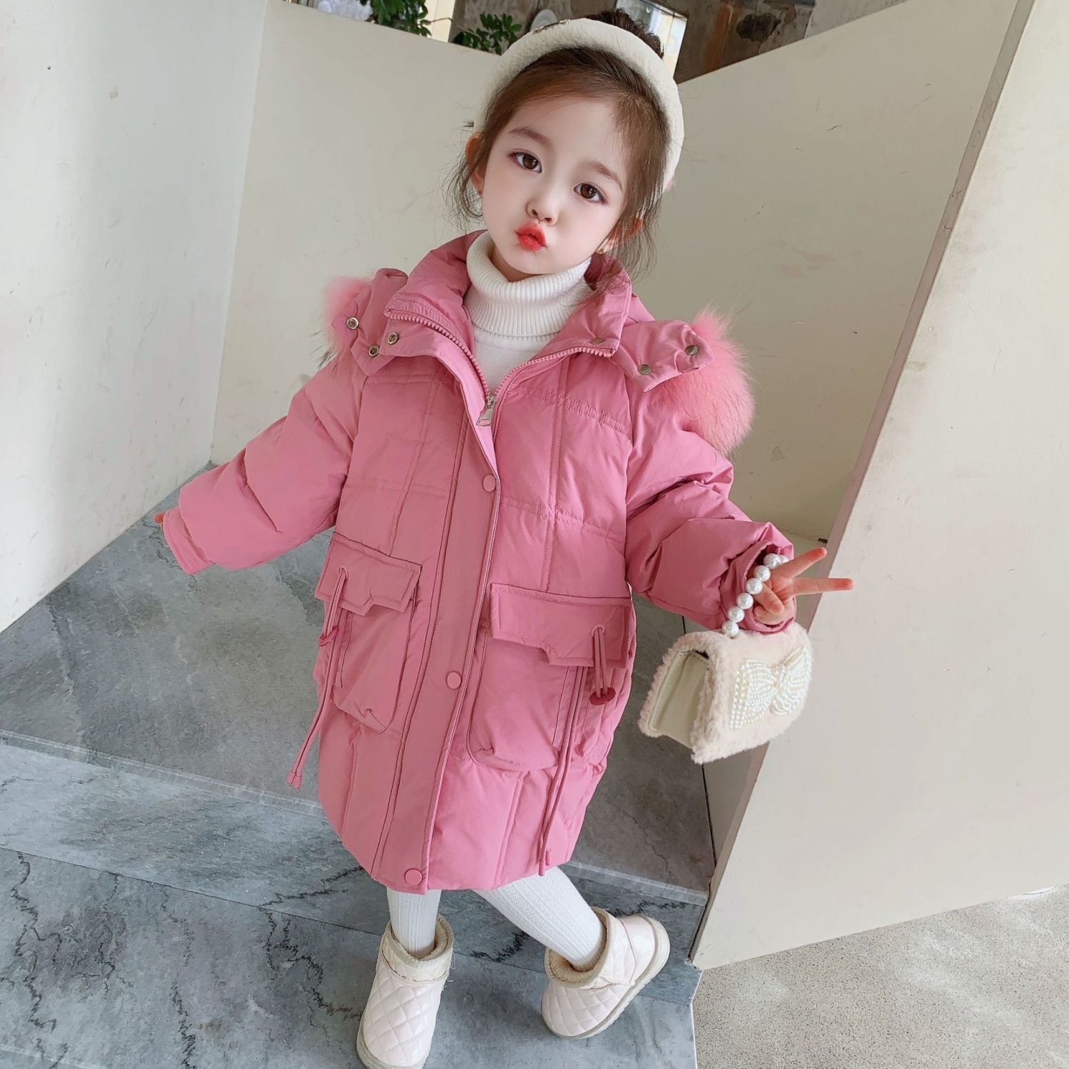 时尚中长款羽绒羽绒服2023洋气冬季女童羽绒服宝宝加厚外套羽绒