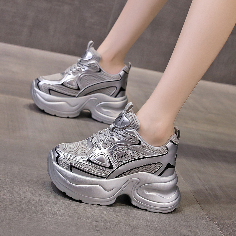 内增高银色老爹鞋女2024年新款秋冬季厚底小个子运动休闲运动鞋