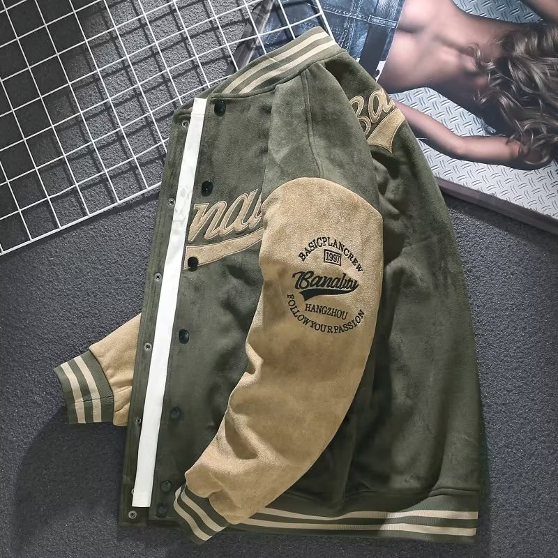 麂皮绒棒球服男士秋冬美式复古外套春秋宽松上衣飞行员夹克潮
