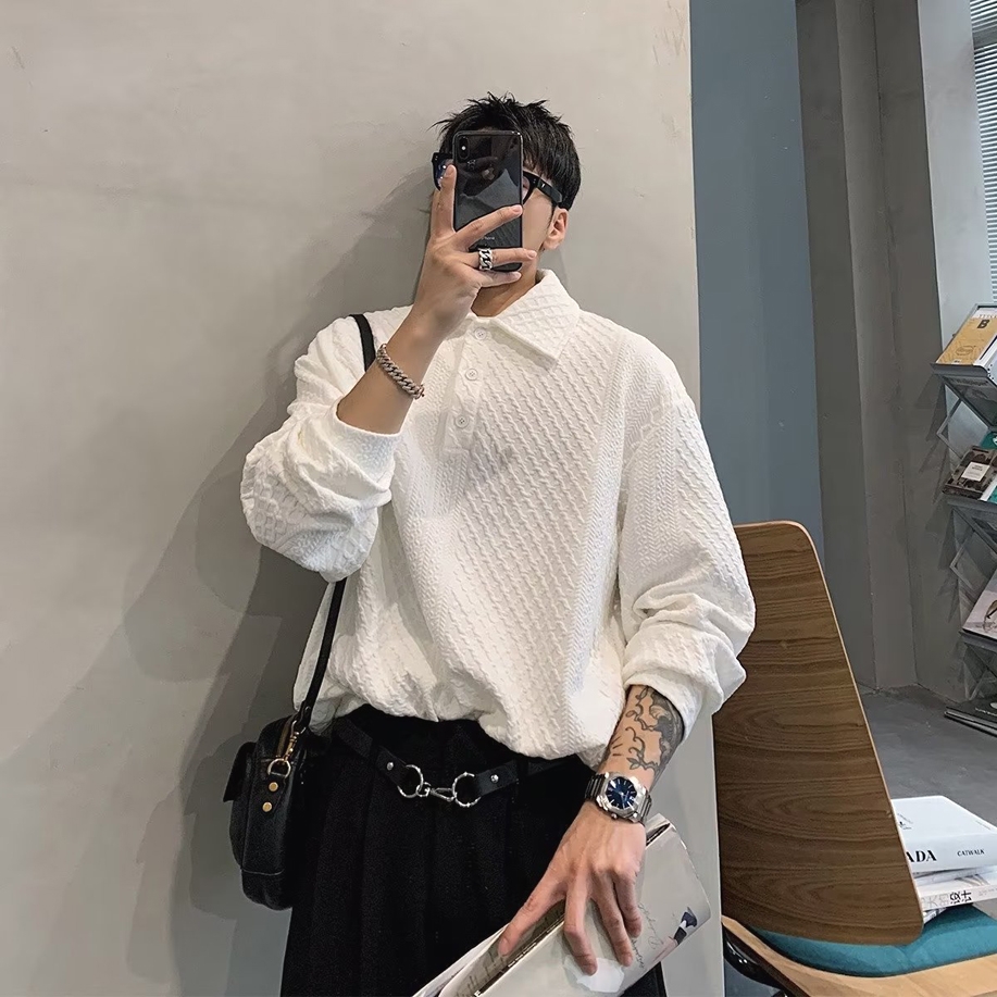 日系cityboy华夫格polo衫男高级感宽松翻领T恤小香风复古套头卫衣