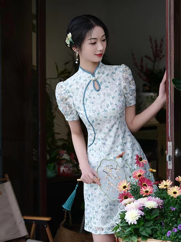 【1724 半夏 双层蓝色碎花】网红气质百搭款淑女显瘦旗袍