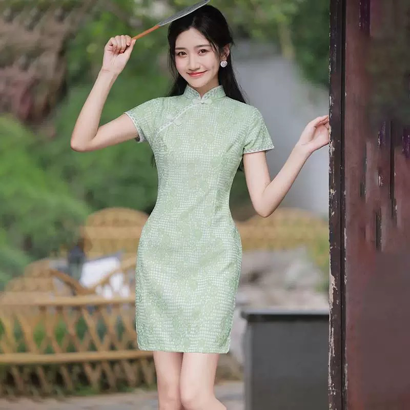 【1789  落日玫瑰  绿色】显瘦气质修身优雅复古中国风旗袍
