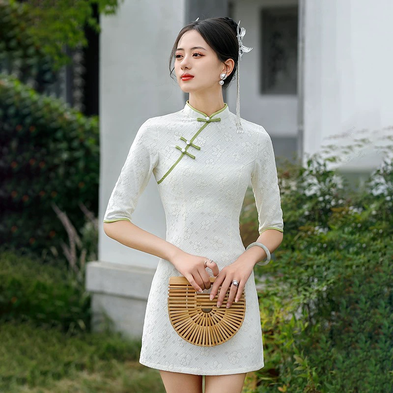 【1803 苏之韵 提花中袖 白色】显瘦气质修身优雅复古中国风旗袍