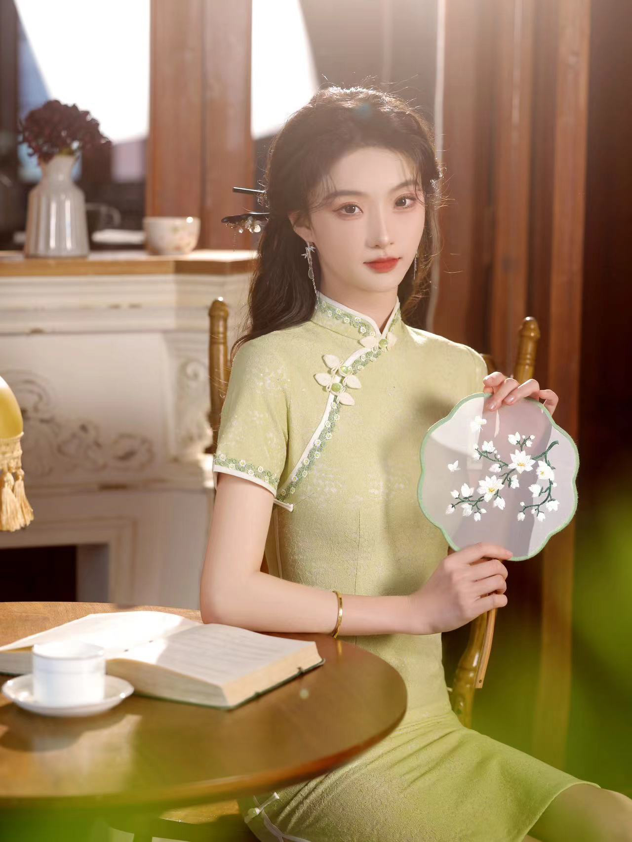 【1645 绿色 盘扣 提花新款八扣】网红气质百搭款淑女显瘦旗袍蕾丝