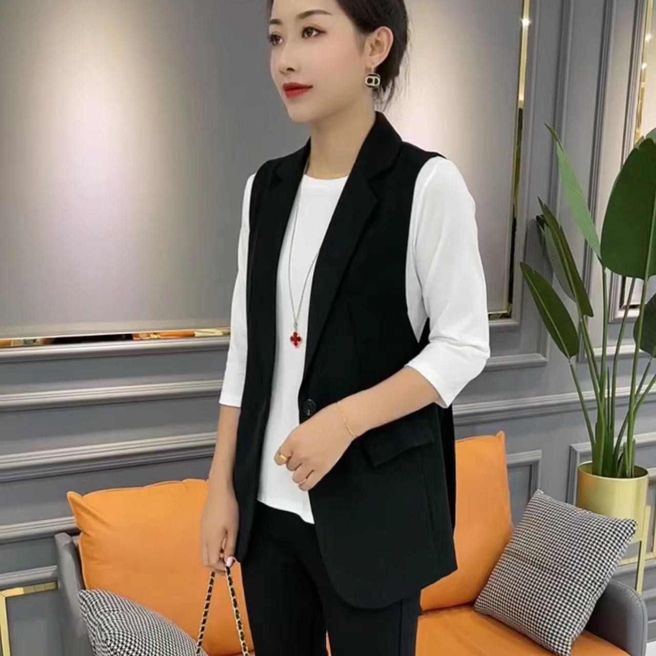 坎肩马夹无袖背心女英伦风外搭西装马甲外套上衣纯色时尚宽松6036