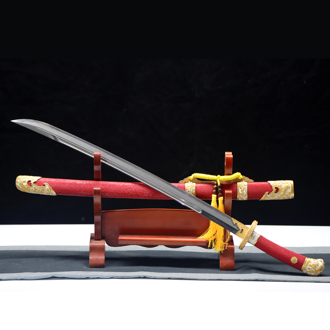 寒锋堂鎏金鎏银羽毛纹清刀收藏级刀剑一体锻打长款雁翎刀未开刃