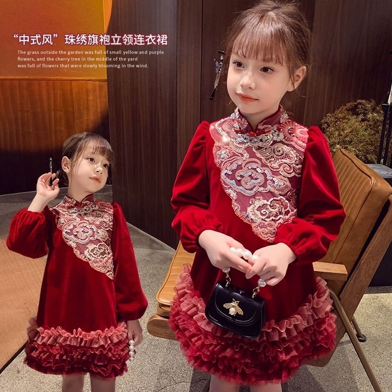 女童中国风连衣裙加绒冬装2023新款洋气儿童红色公主裙女孩拜年服