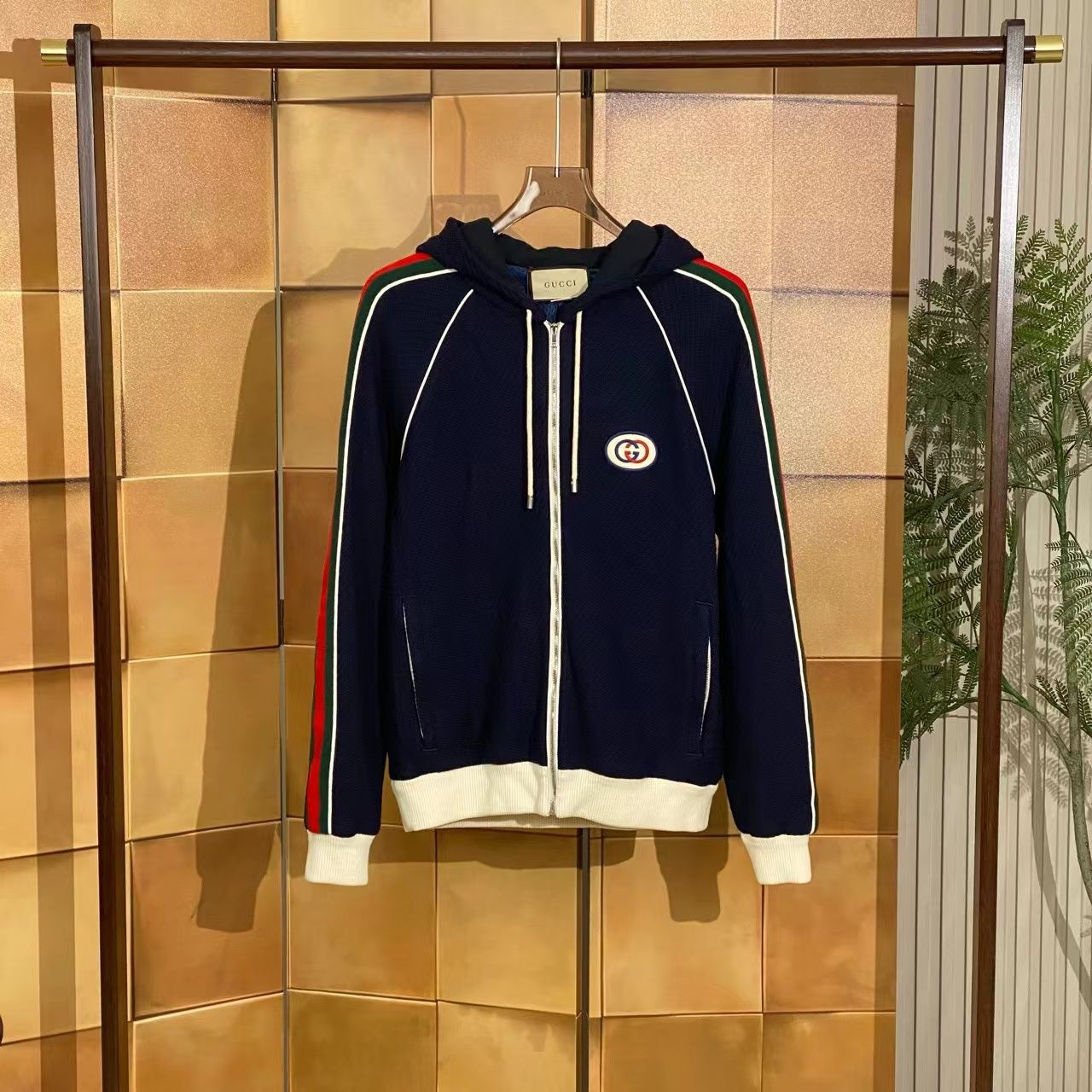 Gucci 22ss蓝色刺绣徽标logo羊毛连帽外套/s码/全新带吊/hs37226