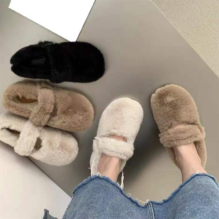 白色玛丽珍毛毛鞋女冬外穿2023年新款冬天加绒软底一脚蹬豆豆棉靴