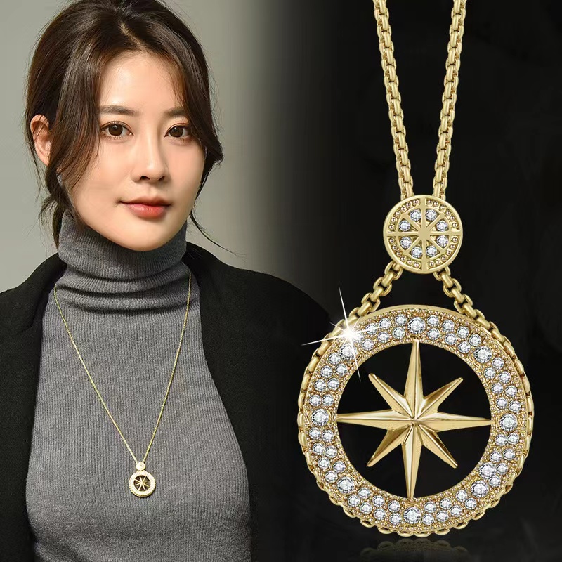 欧伦诗 钛钢项链 韩版闪锆八芒星长款毛衣链