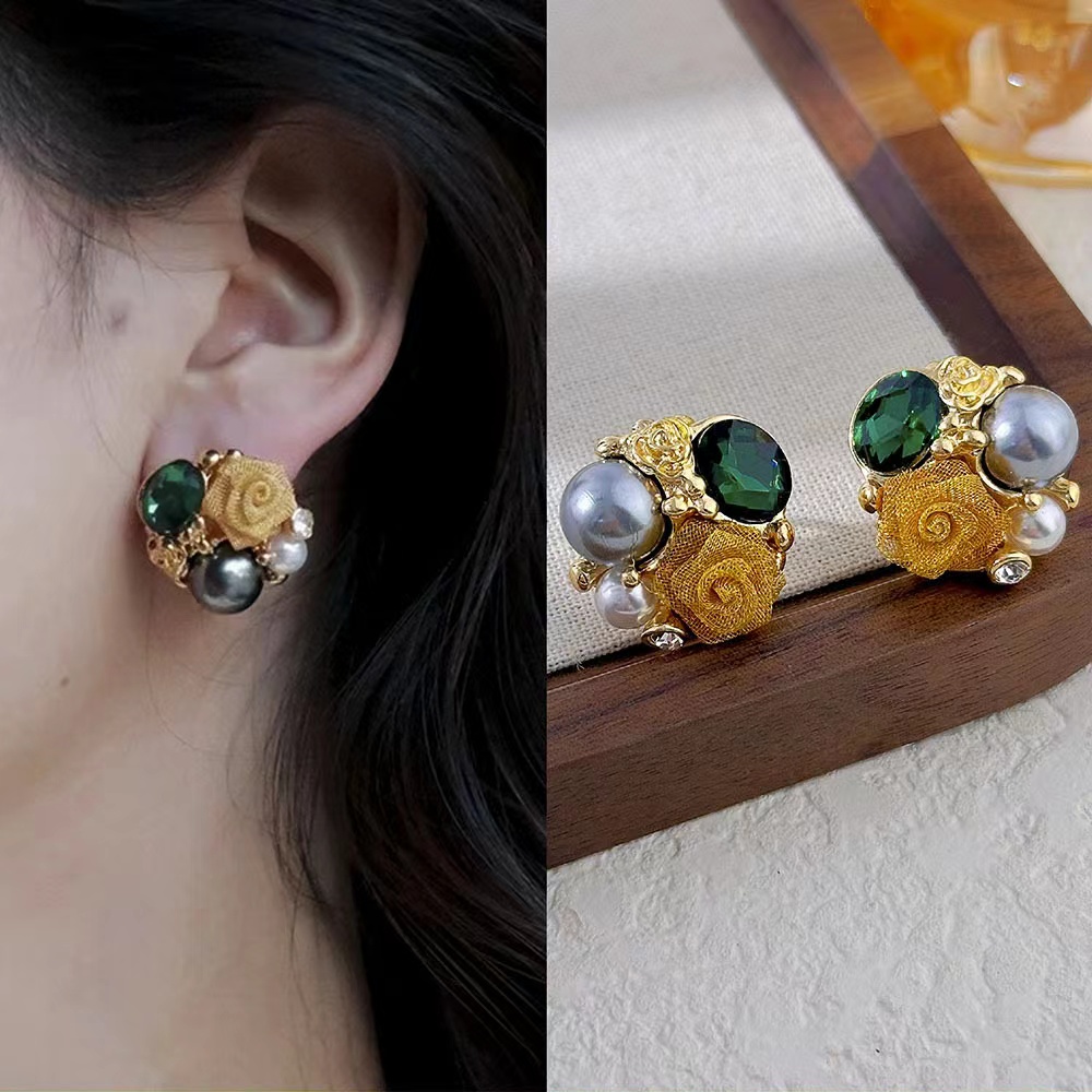 欧伦诗 铜合金耳饰 925银针 中古玫瑰法式浪漫复古花朵 20127A