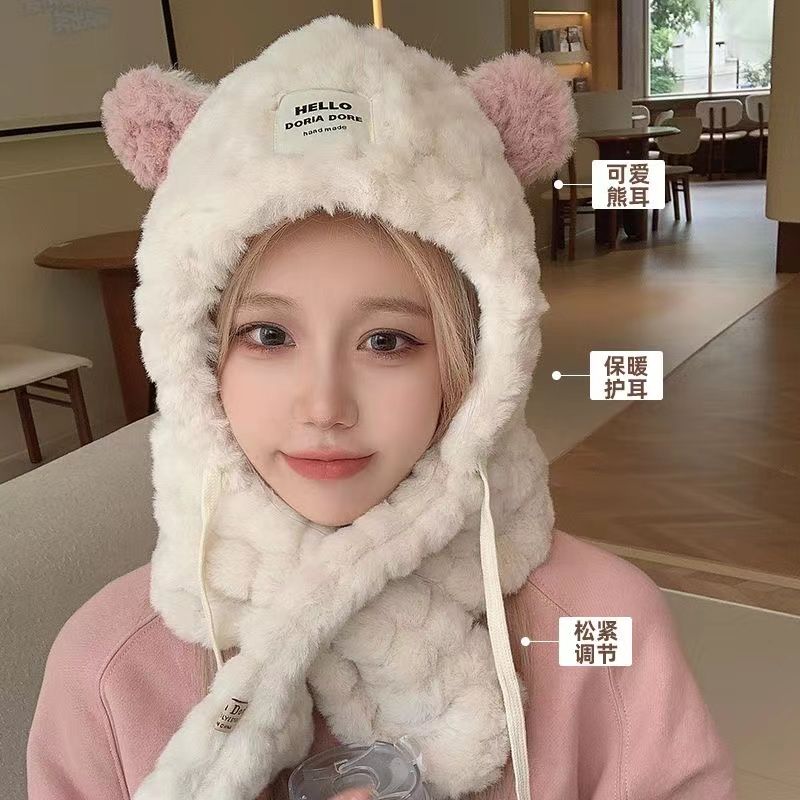 可爱小熊耳朵冬季帽子女围巾一体韩版围脖护耳保暖加绒加厚骑行帽