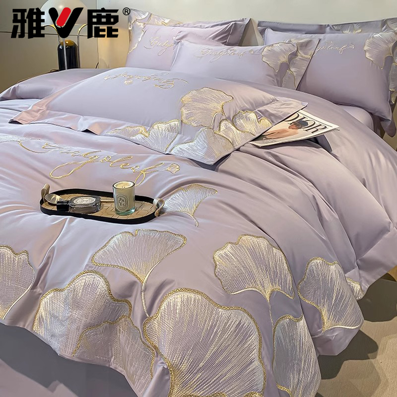 轻奢唯美全棉长绒棉床上四件套纯棉重工花卉刺绣被套床单床笠床品