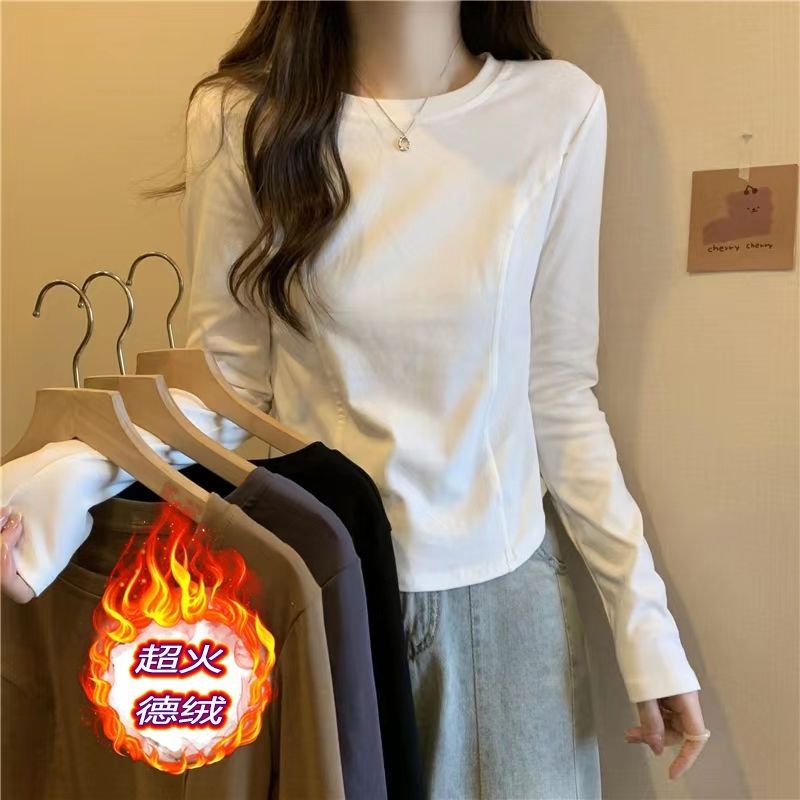 加厚双面德绒秋冬季长袖T恤女2023新款保暖修身百搭上衣打底衫女