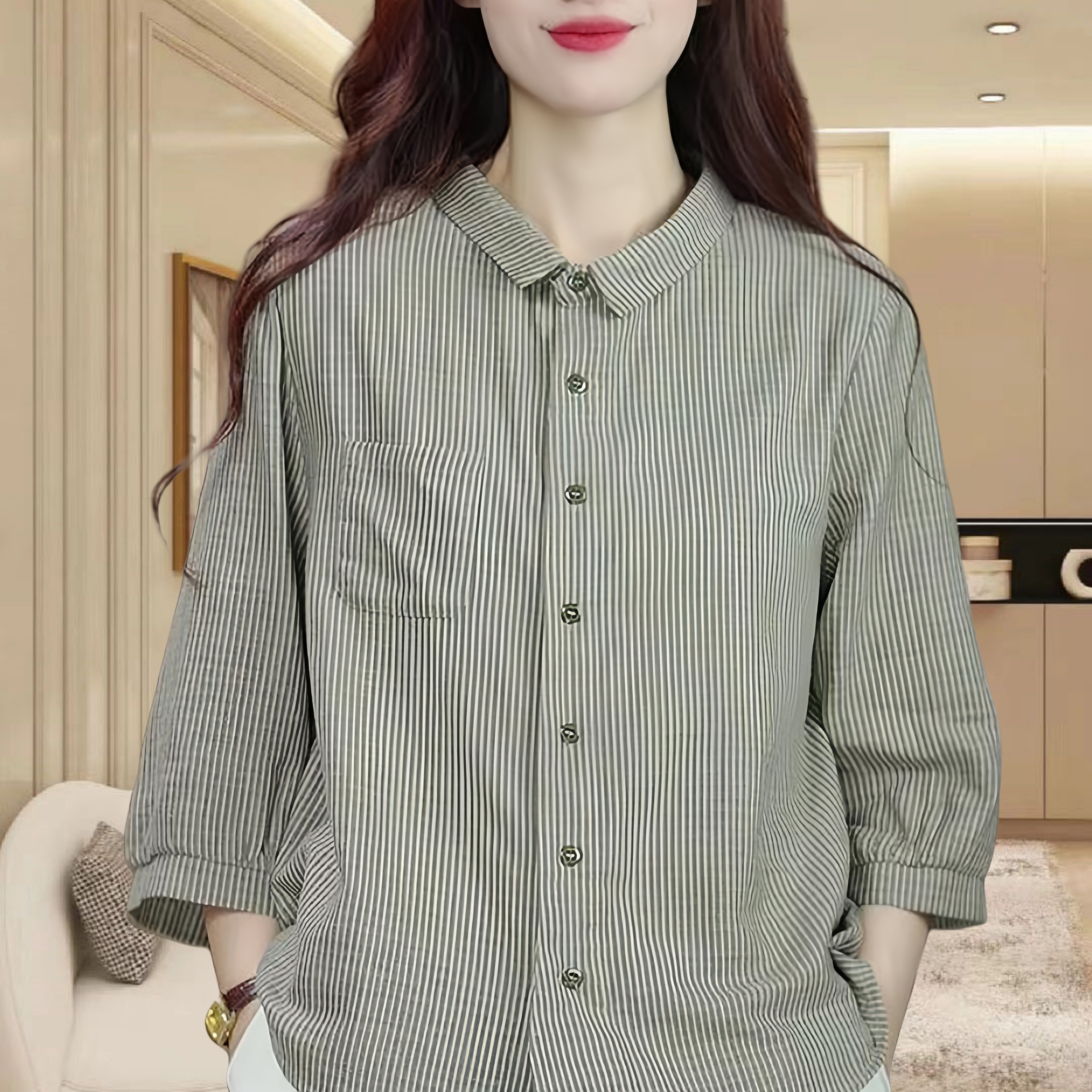 春夏长袖气质格纹衬衫女士大码休闲防晒宽松复古文艺宽松百搭衬衣