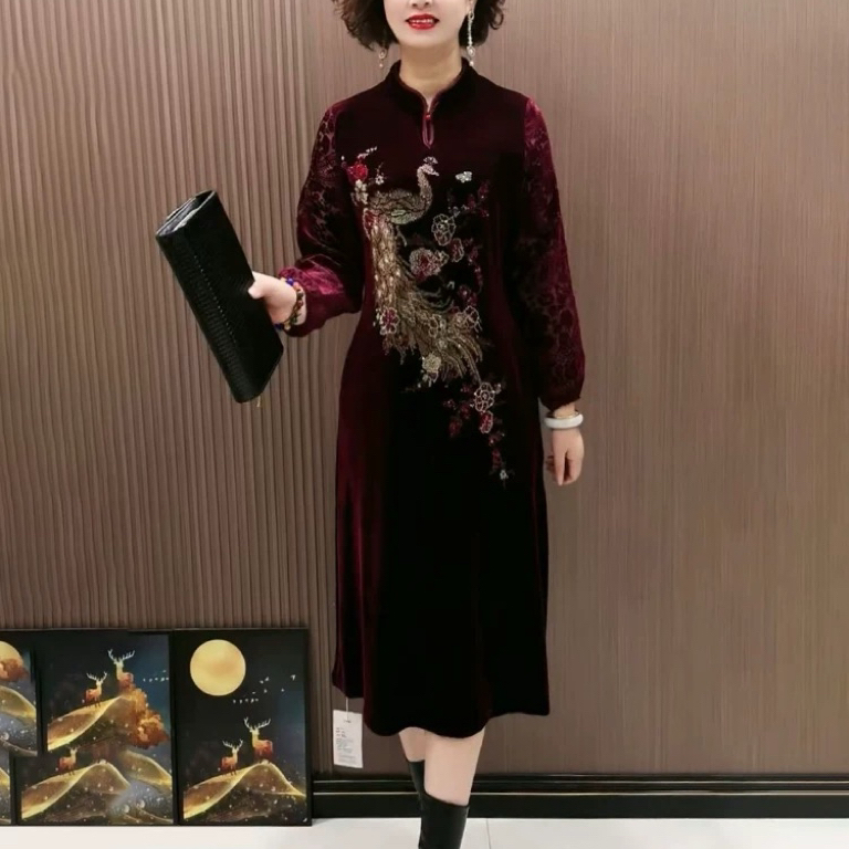 2057新款孔雀牡丹定位花中式连衣裙