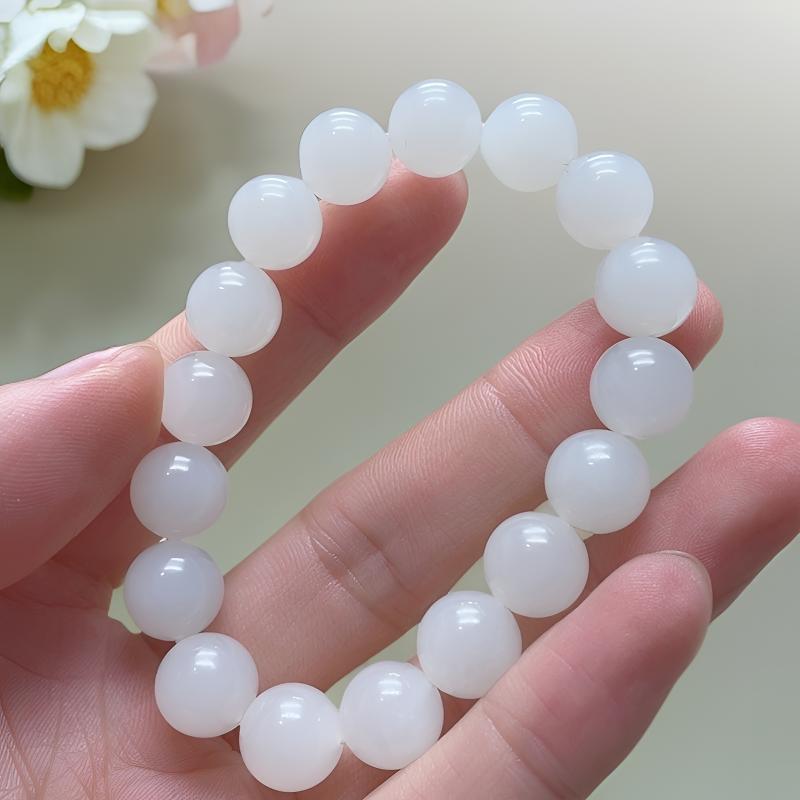 天然和田玉羊脂白12mm老料白玉手串白色素圈单圈素款圆珠简约女士