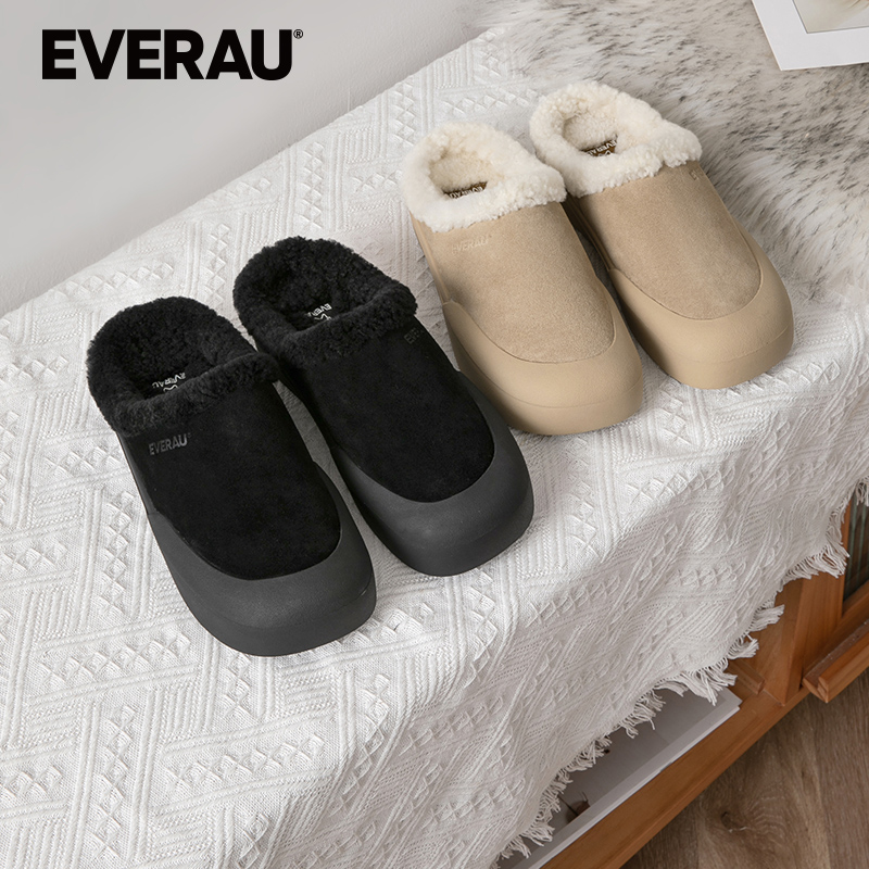 EVERAU包头拖鞋女2024秋冬新款保暖外穿厚底舒适懒人毛棉拖EA2060