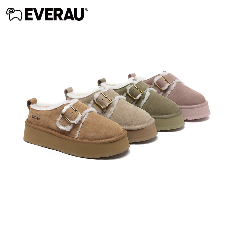 EVERAU秋冬厚底乐福鞋圆头休闲半托女鞋时尚百搭加绒保暖EA5044