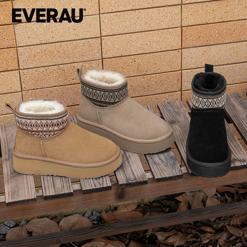 EVERAU雪地靴女士羊皮毛一体2025冬季厚底图腾舒适保暖短筒EA3169