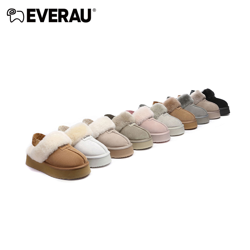 EVERAU冬季女毛毛拖鞋厚底时尚拆卸弹力织带真皮毛保暖包头EA2029