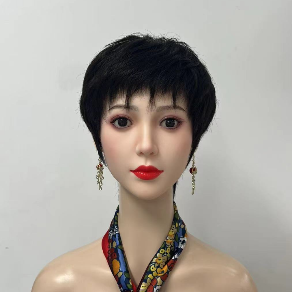 假发全头套女纹理短发刻痕刘海时尚真人发丝发手工钩织轻薄透气 