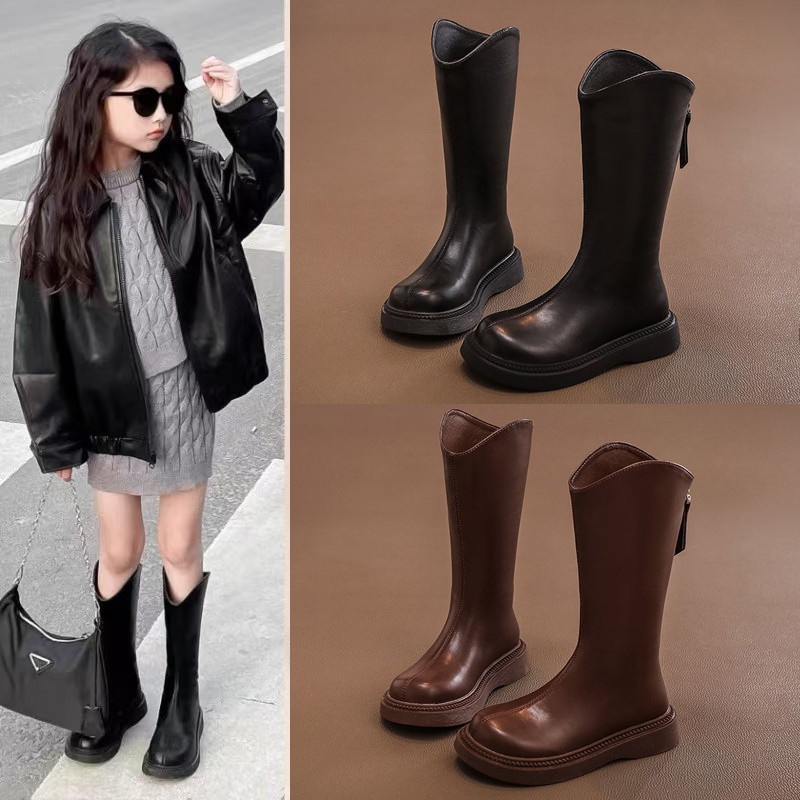 女童靴子2025新款秋冬长靴儿童长筒靴冬季女宝马丁靴高筒加绒皮靴