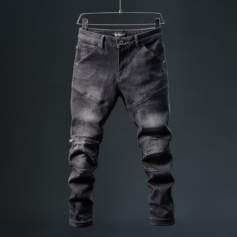 秋冬季美式立体剪裁高端机车裤硬汉复古潮流微弹拉链小脚牛仔裤男