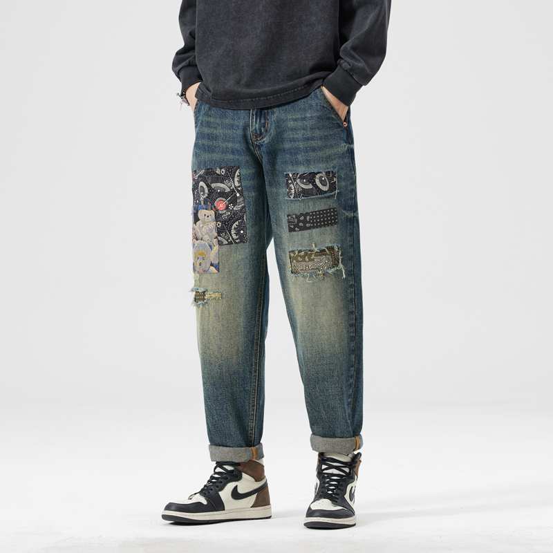 秋冬季怀旧复古牛仔裤刺绣破洞宽松微锥时尚百搭做旧水洗休闲长裤