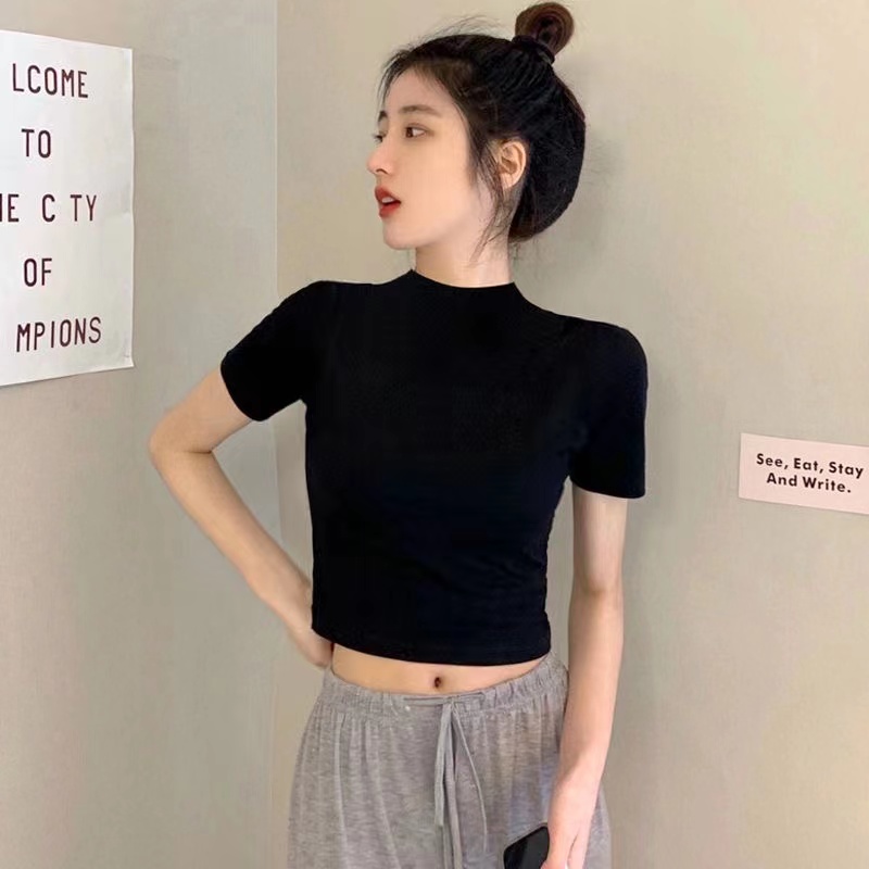 2024年新款女士短袖显瘦夏季纯色修身百搭紧身黑色半袖不规则
