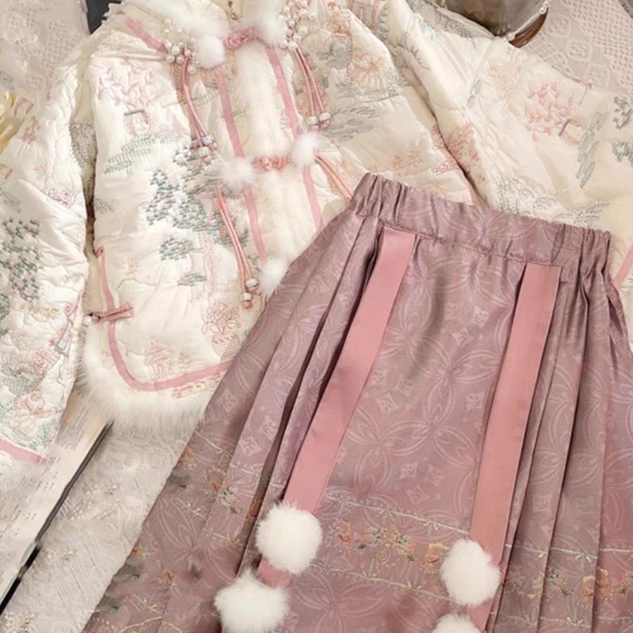 女童冬季年服套装2023新款儿童中国风夹棉保暖外套加绒马面裙古风