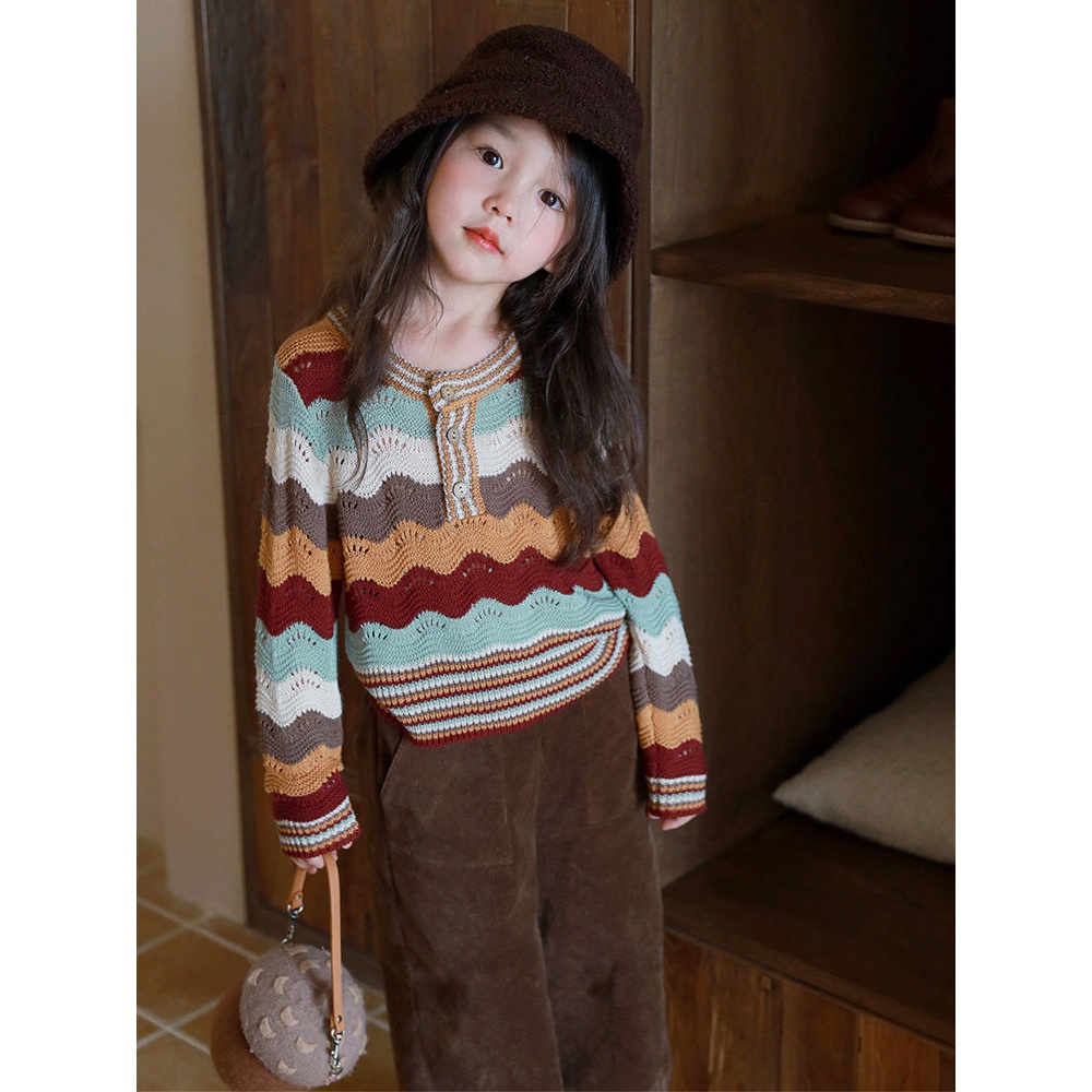 女童复古彩虹毛衣2023秋季新款儿童韩版时尚百搭彩色条女童针织衫