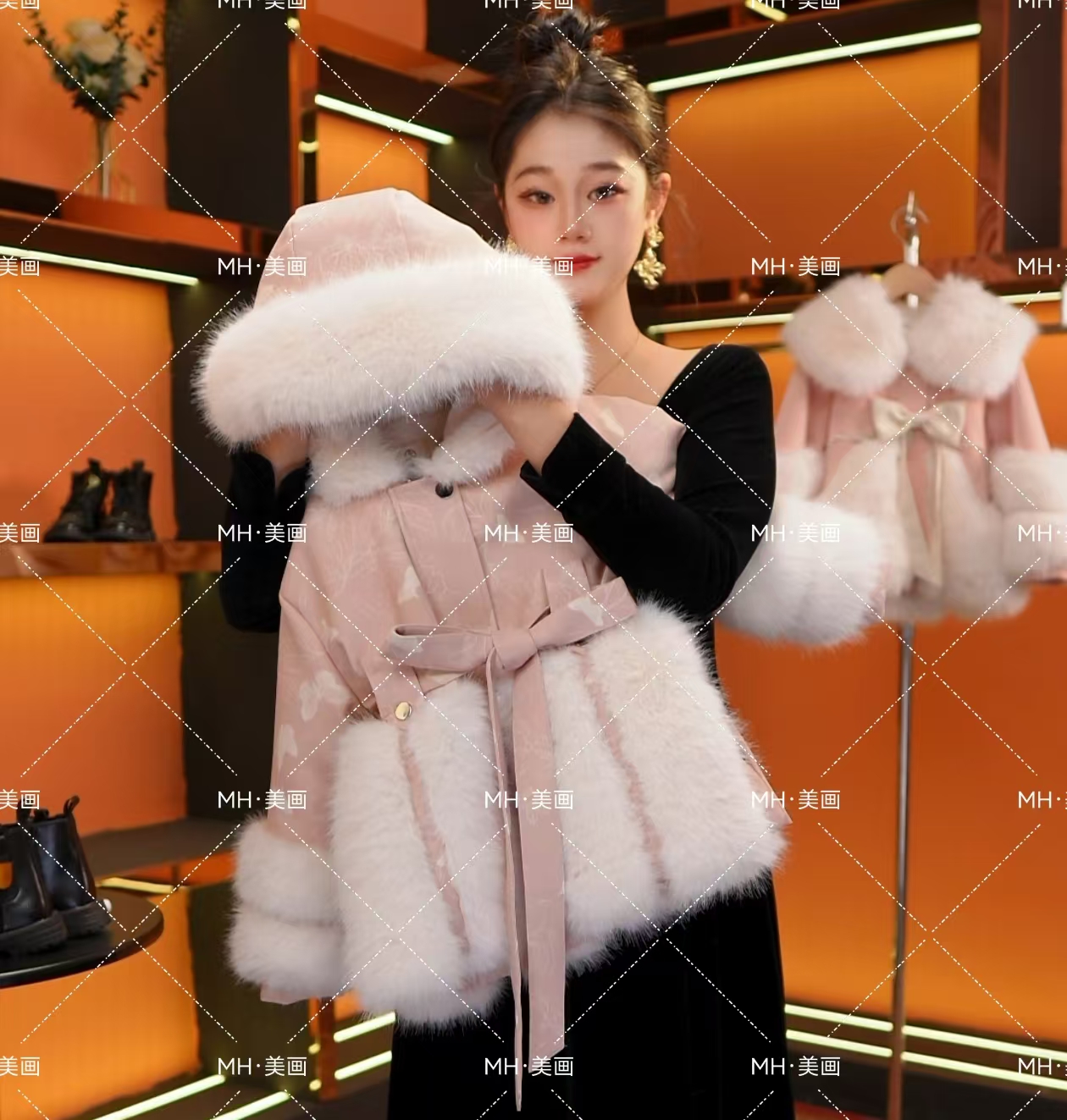 [MH 美画]1 2025新款秋冬季女童加绒连帽束腰皮毛一体草草皮衣