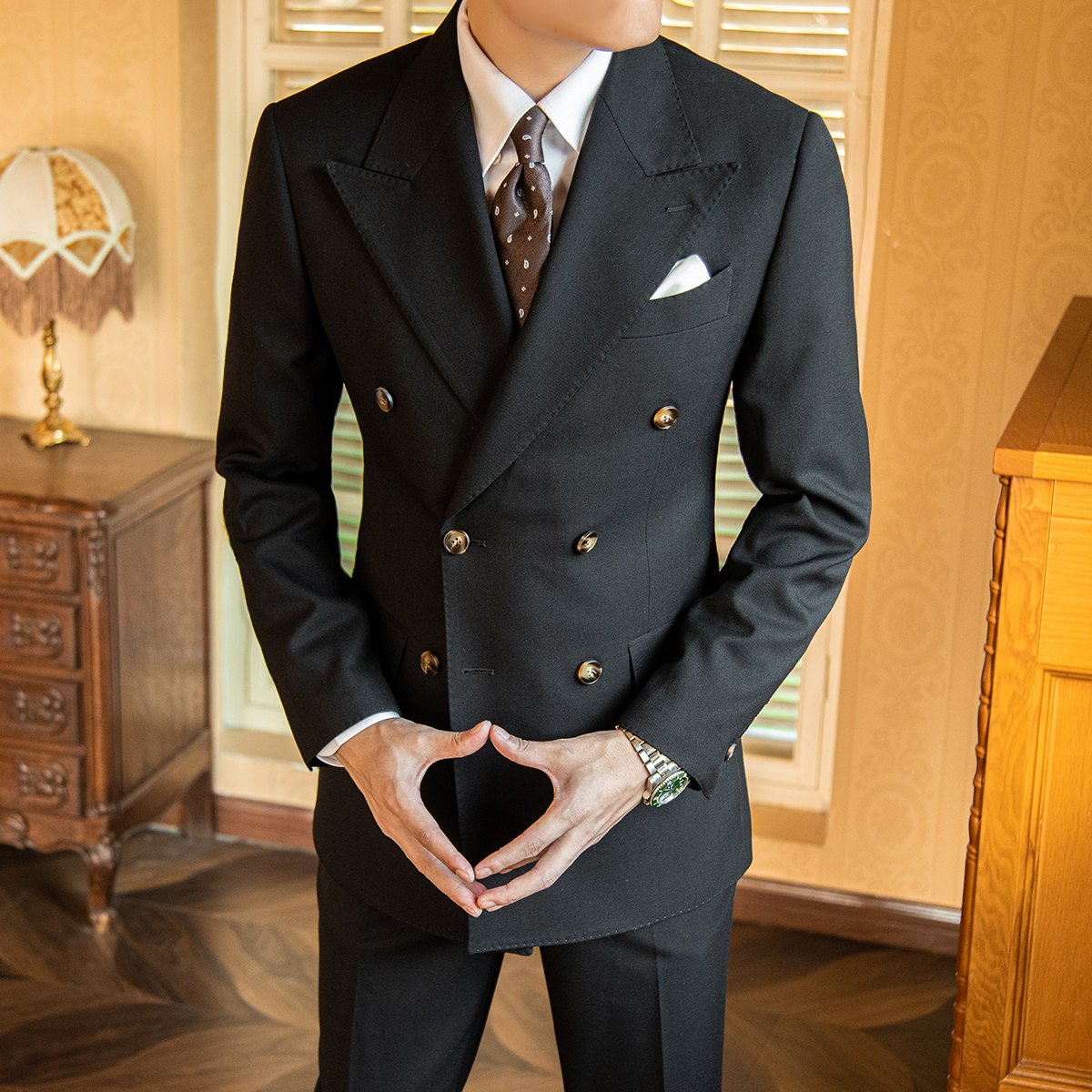 男士西服黑色西装双排扣戗驳领休闲外套潮流