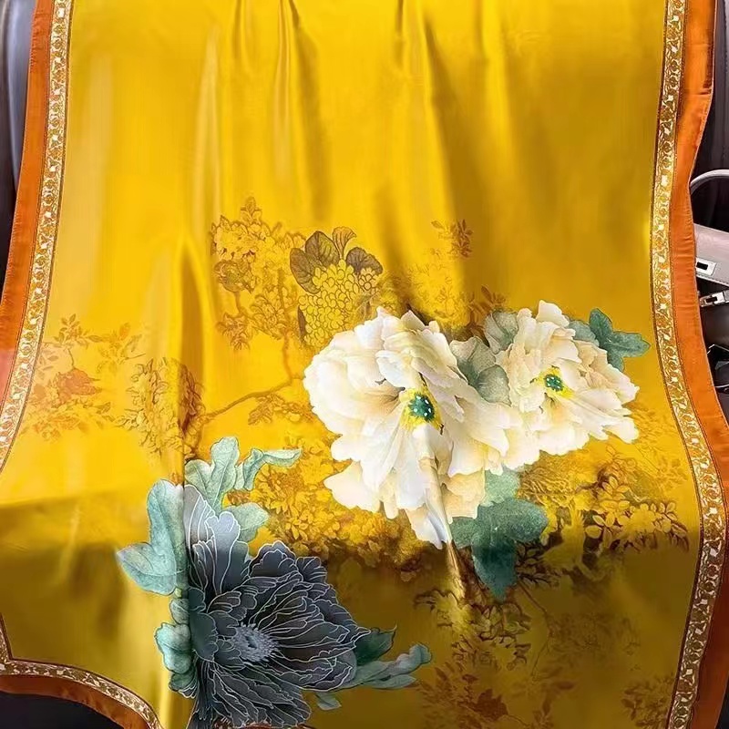 150E 一枝独秀 新款时尚印花长款围巾夏薄款牡丹茶花丝巾国风披肩