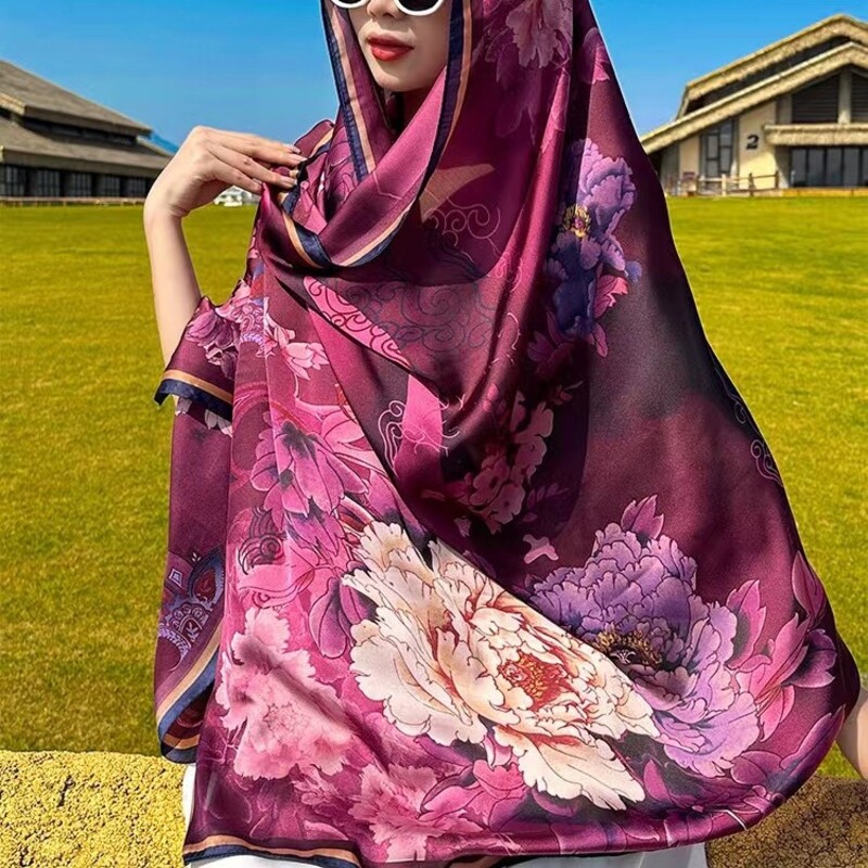 115E 紫韵牡丹花2023新款薄款披肩丝巾长巾送礼围巾女180*90