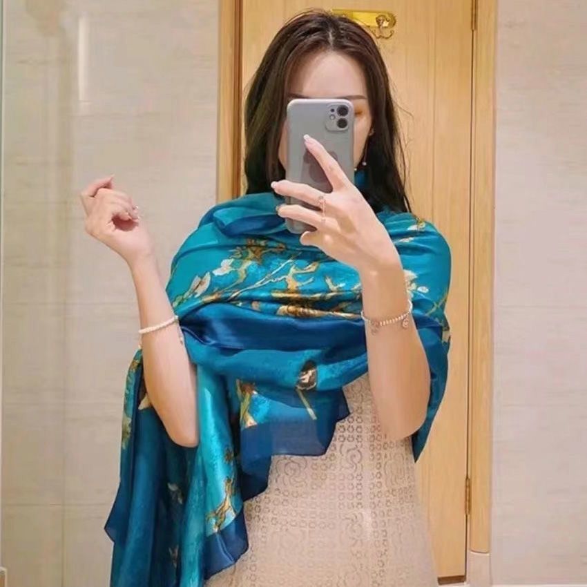 20E 蓝色花枝 长巾90*180围巾披肩女春秋送礼给妈妈气质高档丝巾