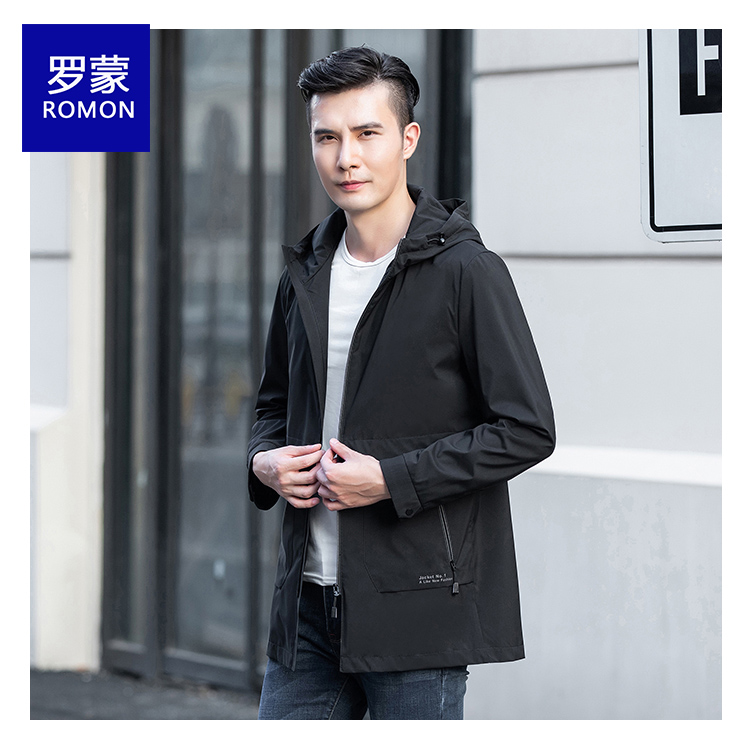 【官方正品】罗蒙轻商务男士风衣夹克中长款休闲时尚连帽男士9933