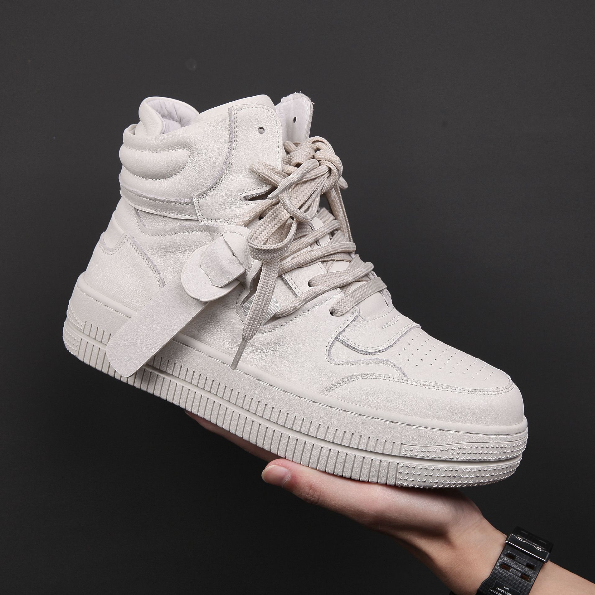 头层牛皮板鞋男秋季休闲鞋高帮内增高男鞋真皮空军一号男士小白鞋